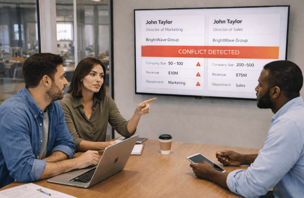 SDR team discussing CRM metadata conflict on meeting room screen