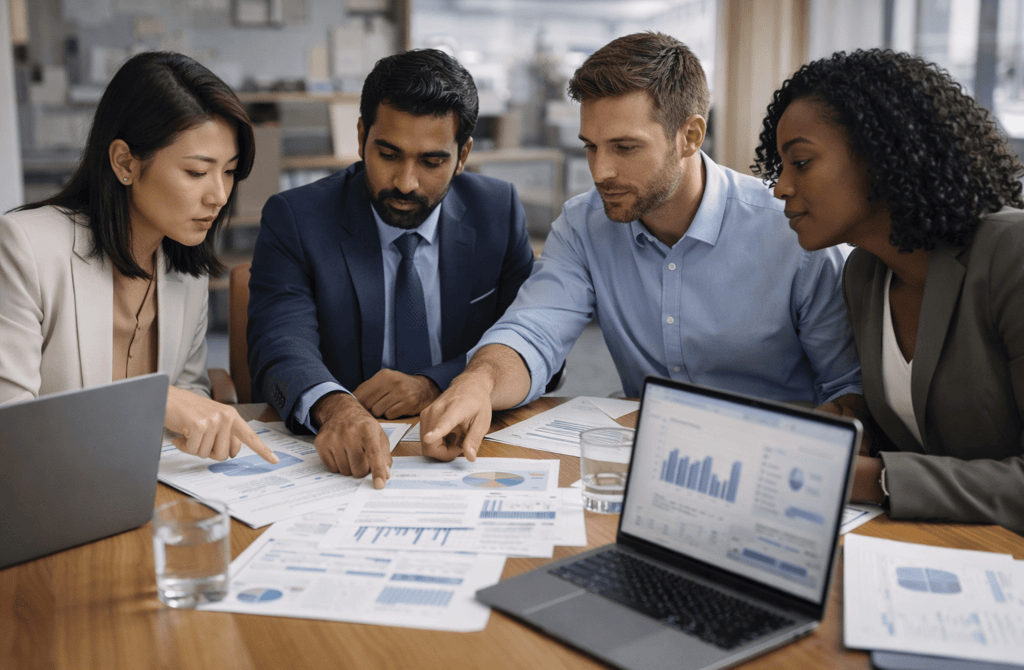 Diverse team reviewing cross-border B2B data accuracy around a meeting table