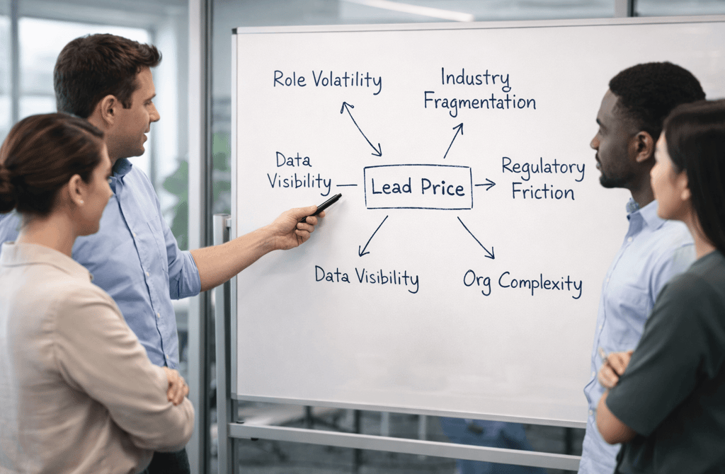 SDR team discussing cross-industry factors that influence lead pricing on a whiteboard