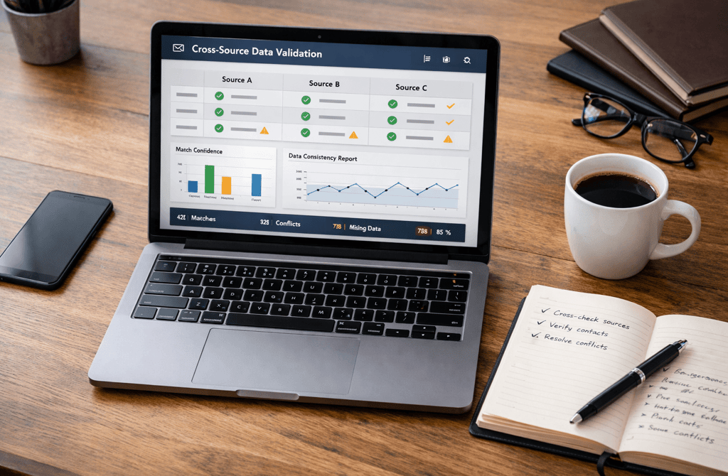 Laptop showing cross-source data validation analytics dashboard