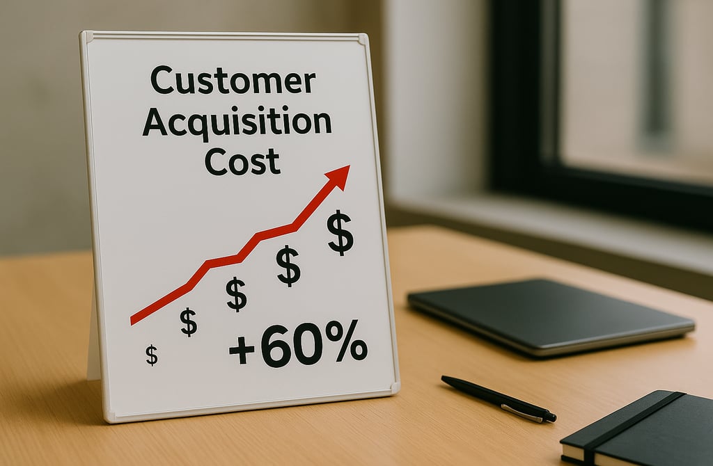 Board with rising customer acquisition cost chart showing +60%