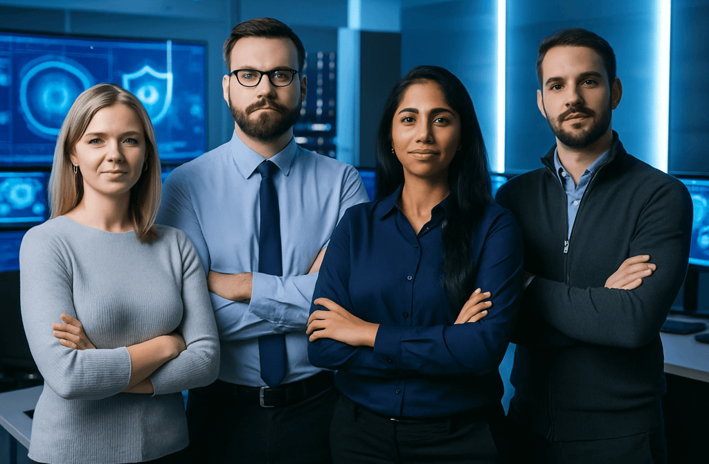 Cybersecurity team standing together in a bright SOC room.