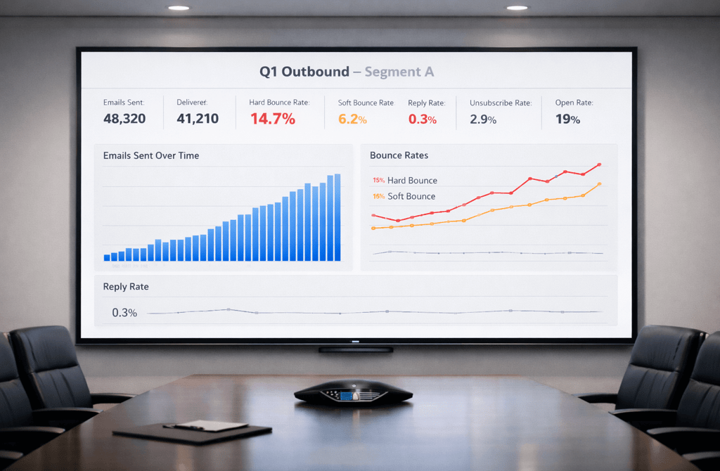 Boardroom screen showing outbound dashboard with high bounces and low replies