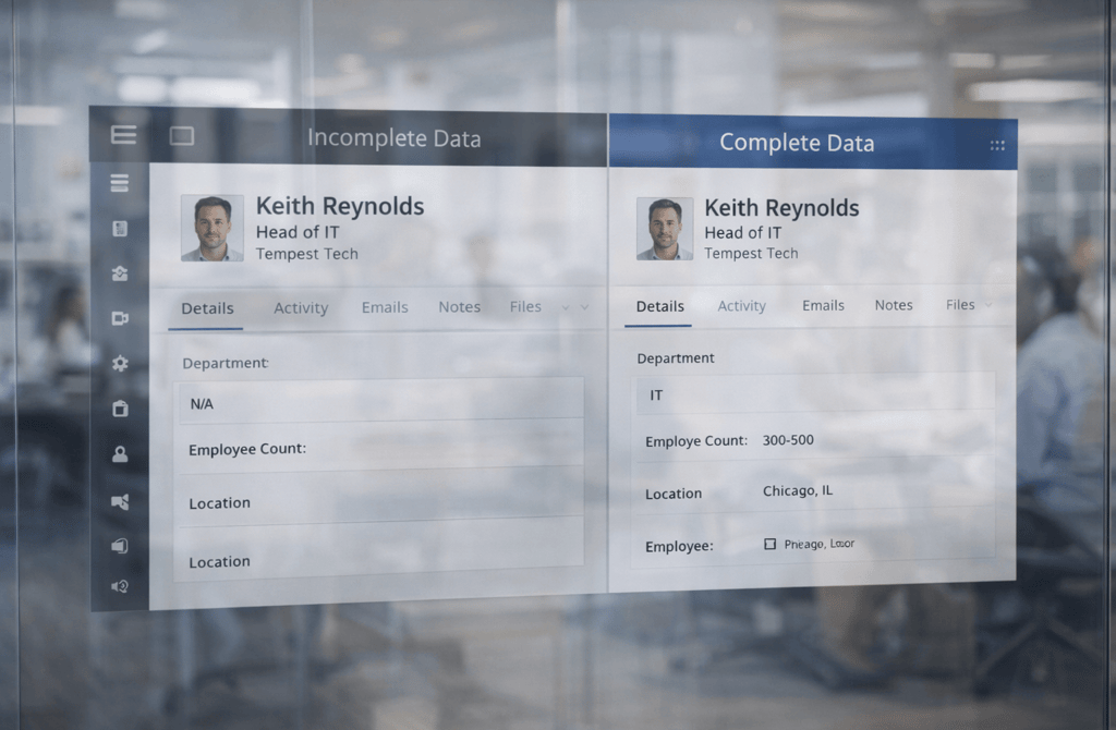 CRM view comparing incomplete data versus complete data on a glass panel screen