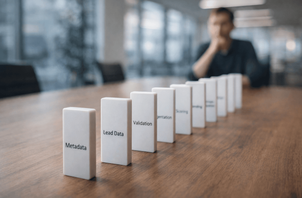 Domino chain labeled metadata to reputation on conference table