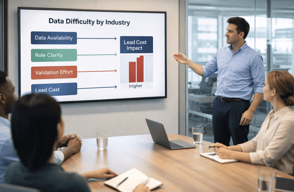 Team reviewing a presentation on how data difficulty affects lead cost across industries