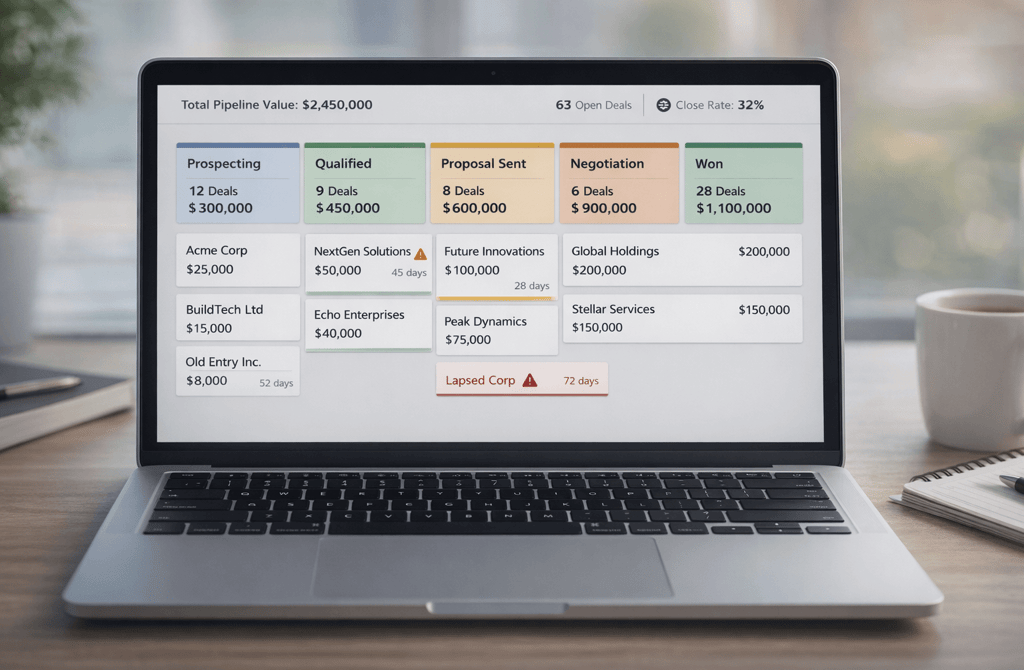 CRM pipeline dashboard on laptop in blurred office background