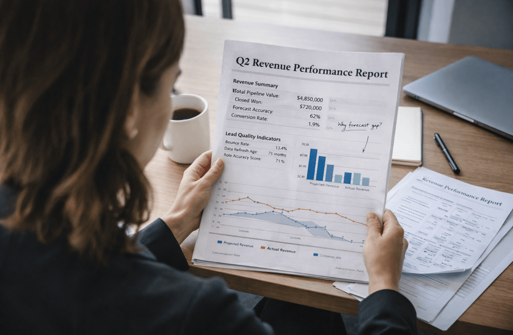 Female founder reviewing printed revenue report showing forecast gap