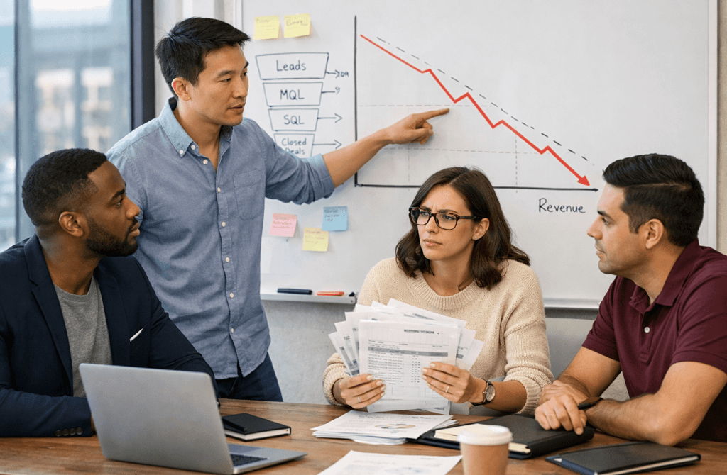 Startup team reviewing declining revenue on a whiteboard while analyzing lead data issues.