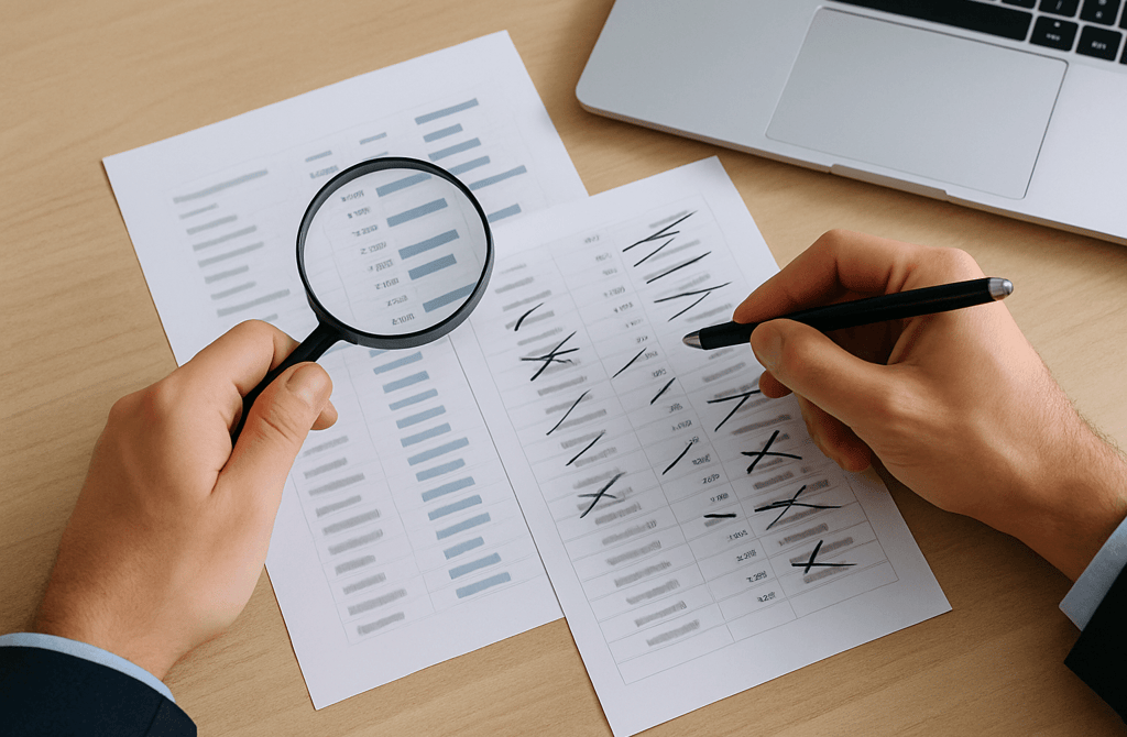 Reviewing data sheets with a magnifying glass.