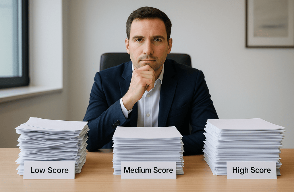 Founder sitting behind three labeled paper piles representing data scoring levels