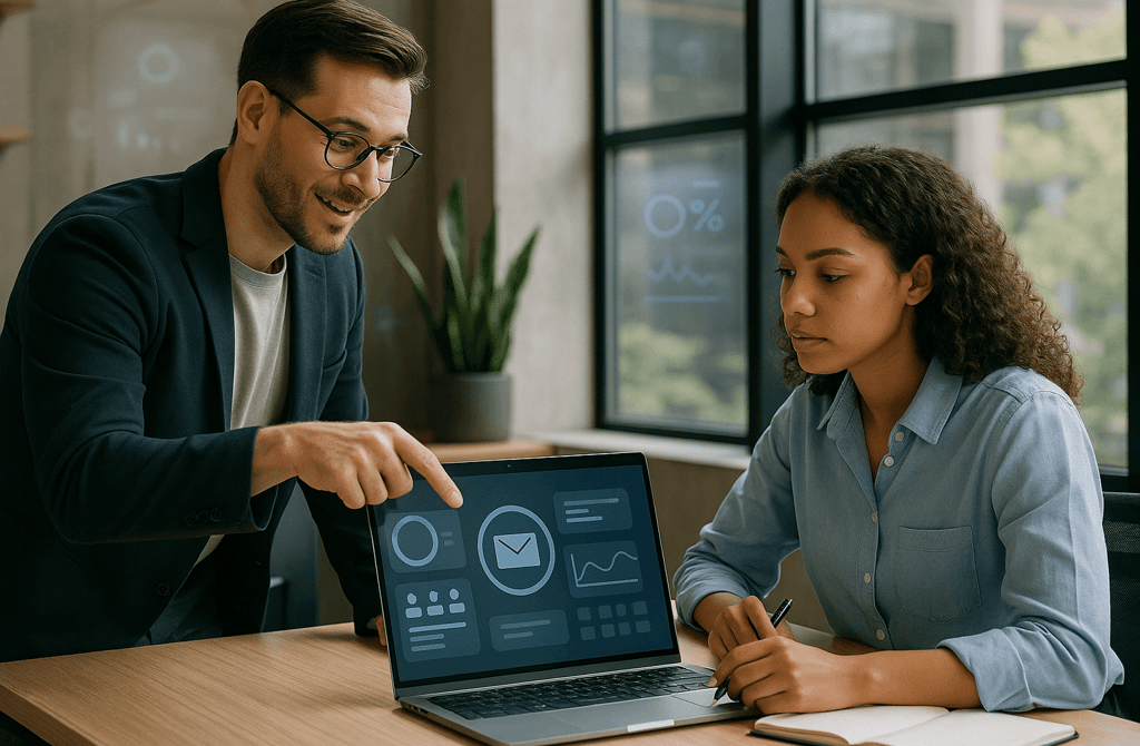 Mentor showing a founder cold email data on a laptop.