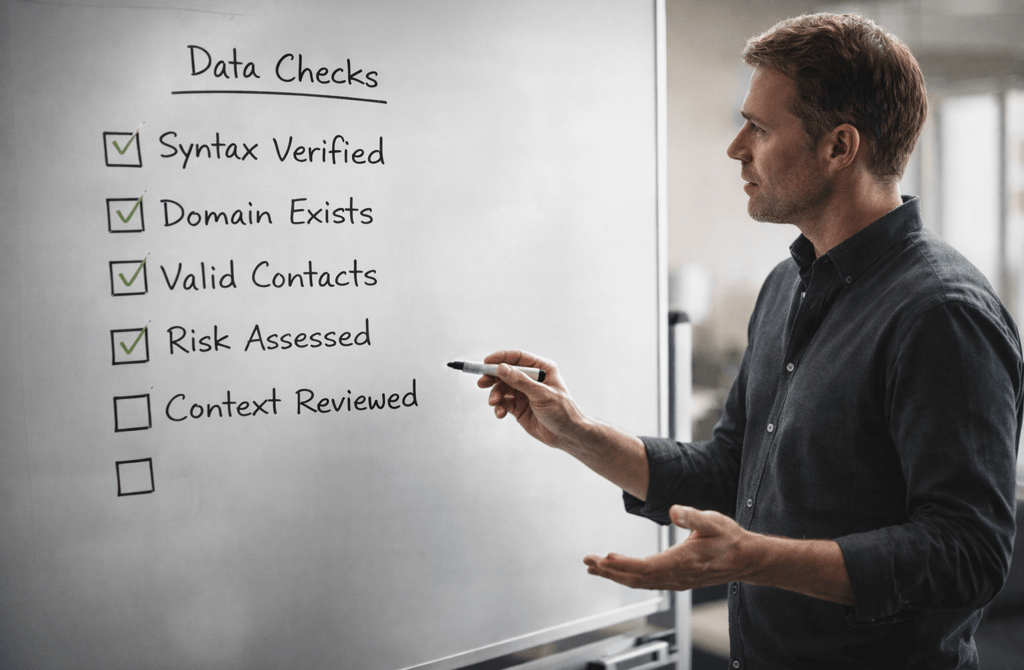Founder reviewing a data validation checklist on a whiteboard.