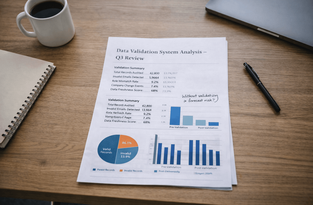 Printed data validation analysis report on founder desk