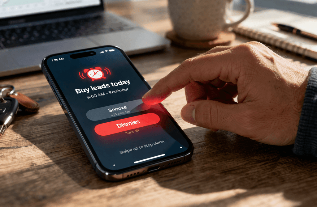 Founder dismissing “buy leads” reminder on phone