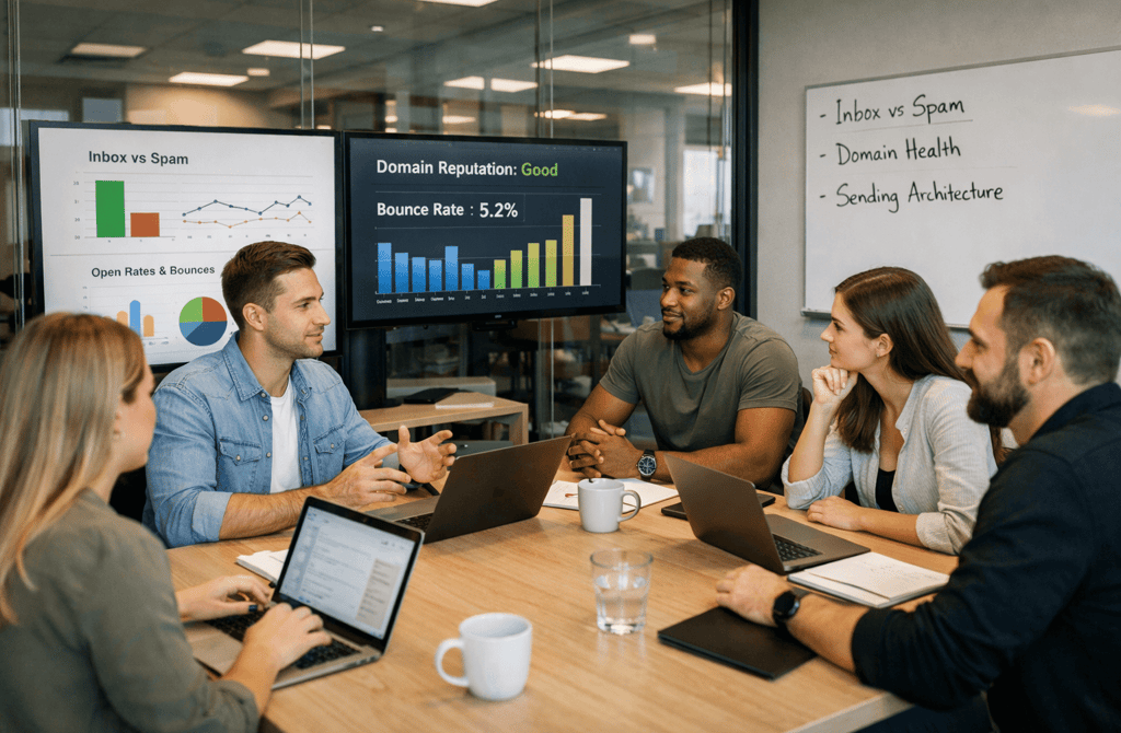 SDR team discussing email deliverability and domain health in a meeting room