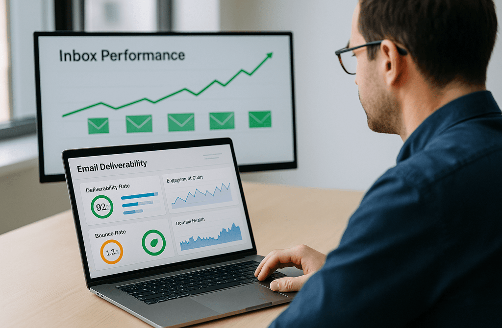 Founder reviewing an email deliverability dashboard with charts and metrics.