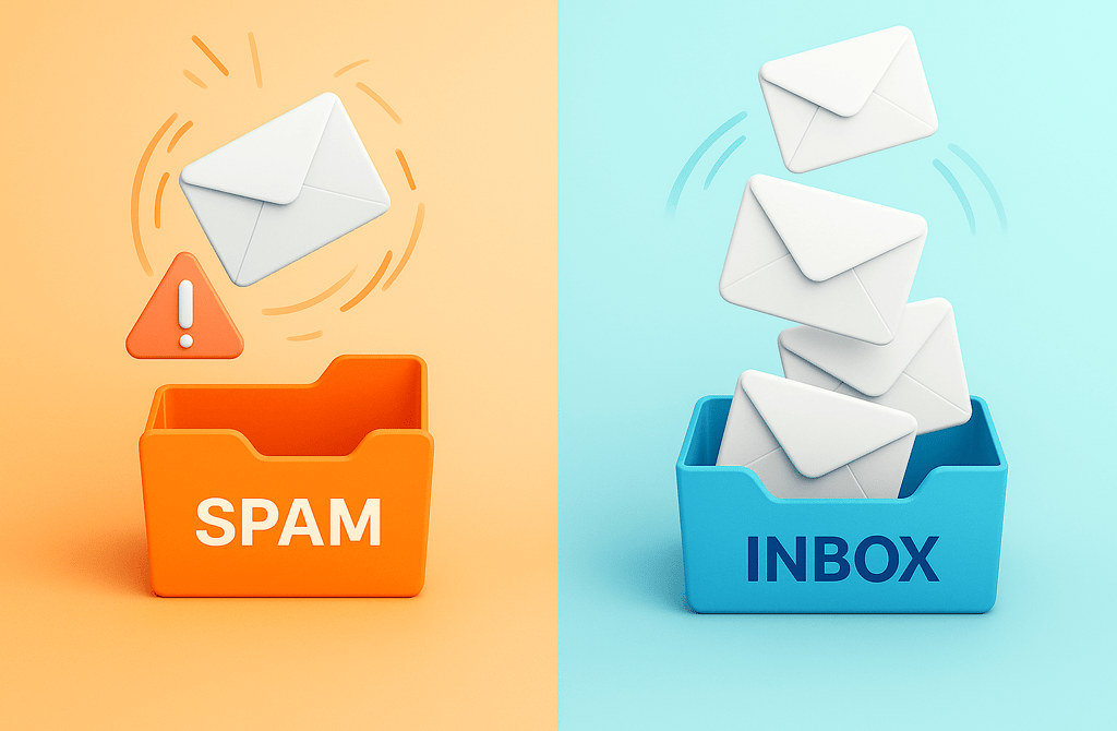 Infographic with envelopes falling into inbox while spam gets rejected.