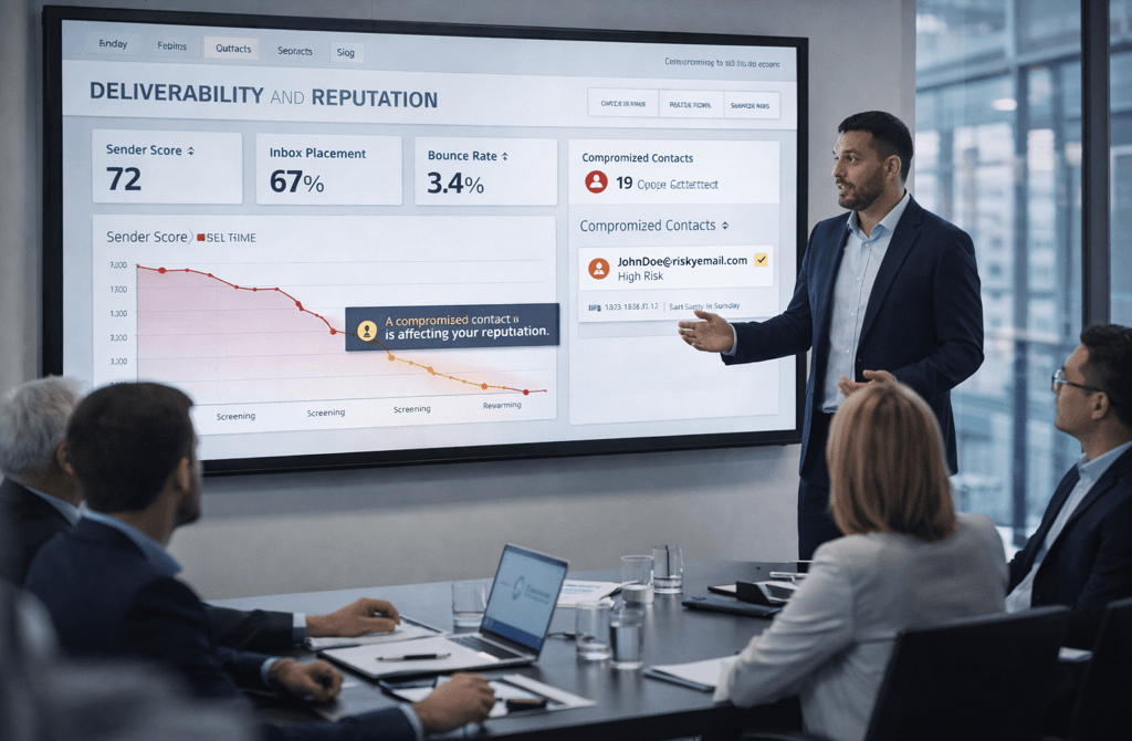 Boardroom presentation showing email deliverability decline