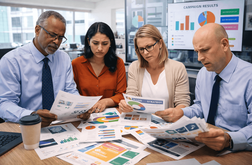 diverse team reviewing marketing data mismatch