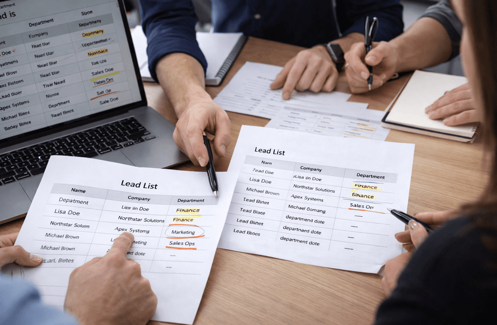 SDR team reviewing lead lists by department