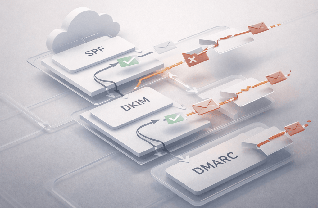 3D illustration showing DNS configuration layers affecting email delivery