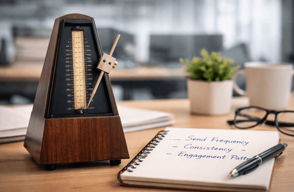 Metronome on desk symbolizing consistent email sending.