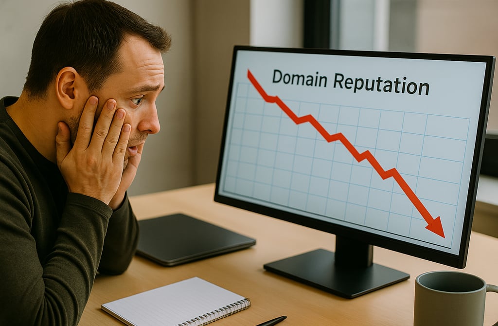 Founder reacting to a domain reputation drop shown on a screen