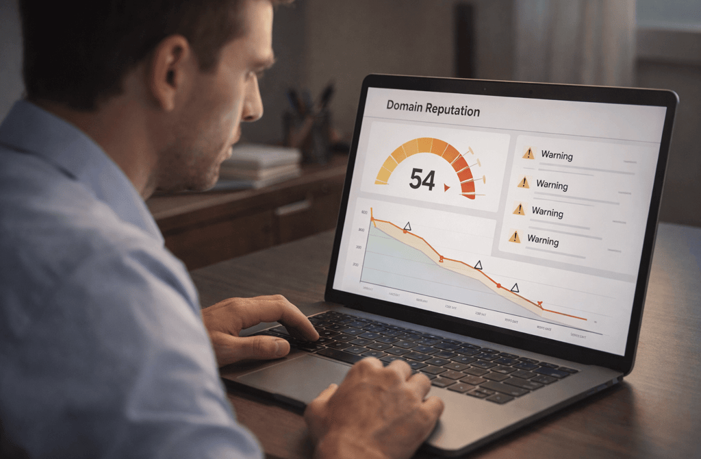 Founder reviewing declining domain reputation score on laptop