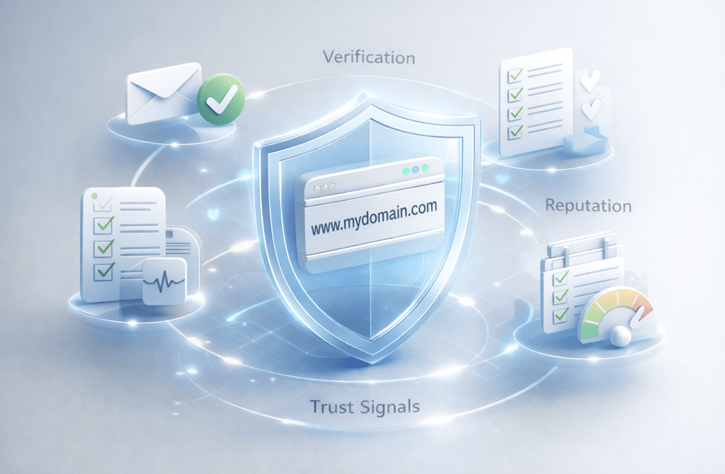 3D infographic showing a protected domain and verification layers.