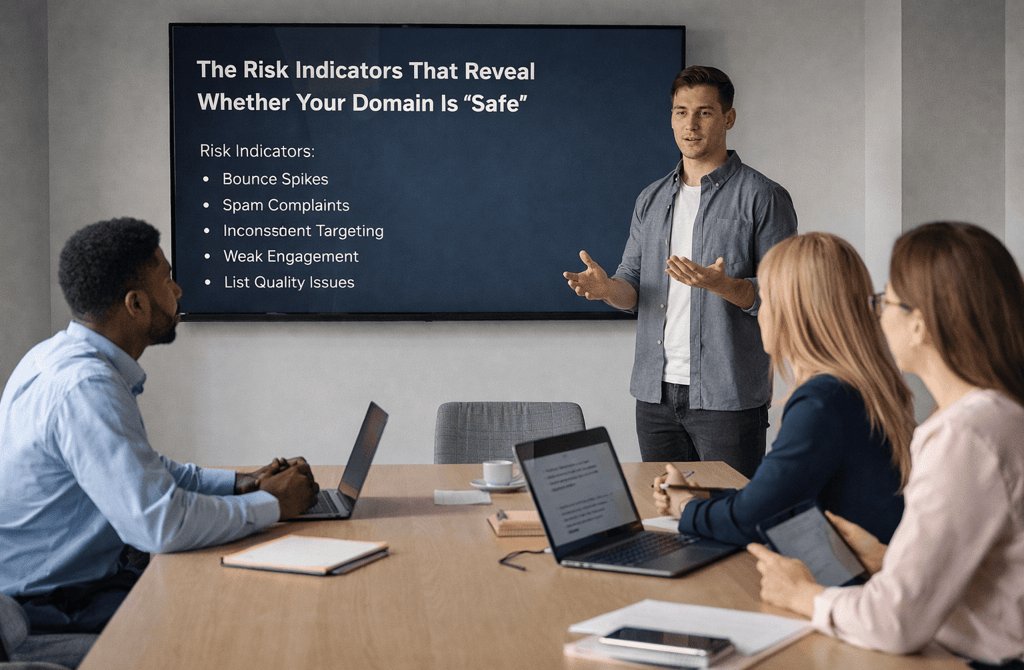 SDR team discussing domain risk indicators in meeting