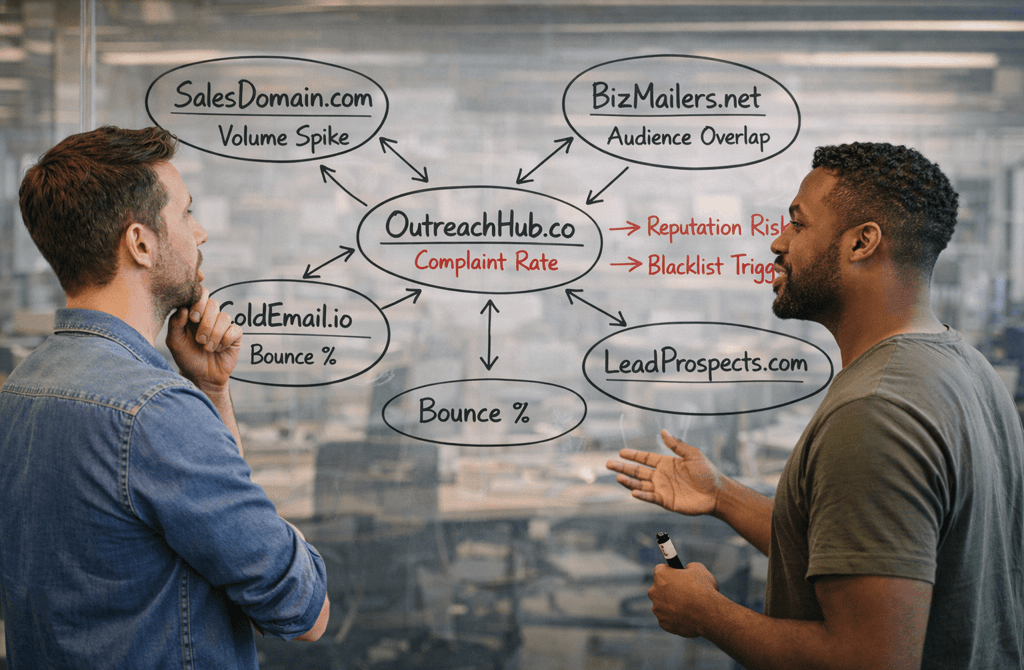 Two founders discussing domain sending risks on a glass whiteboard in an office.