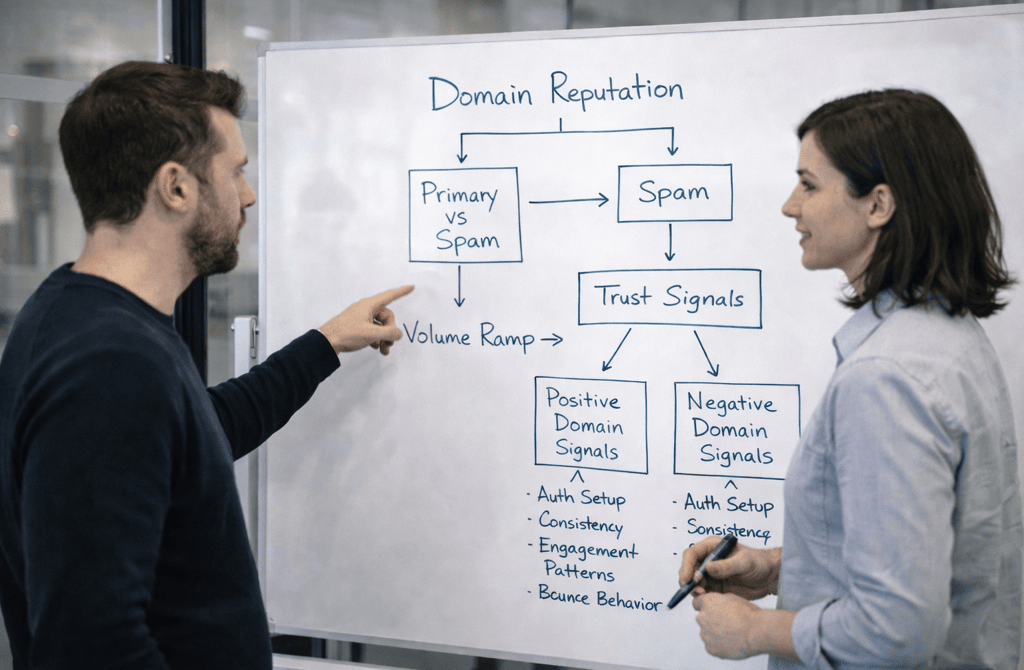 Male and female founders discussing outbound performance and domain setup on a whiteboard