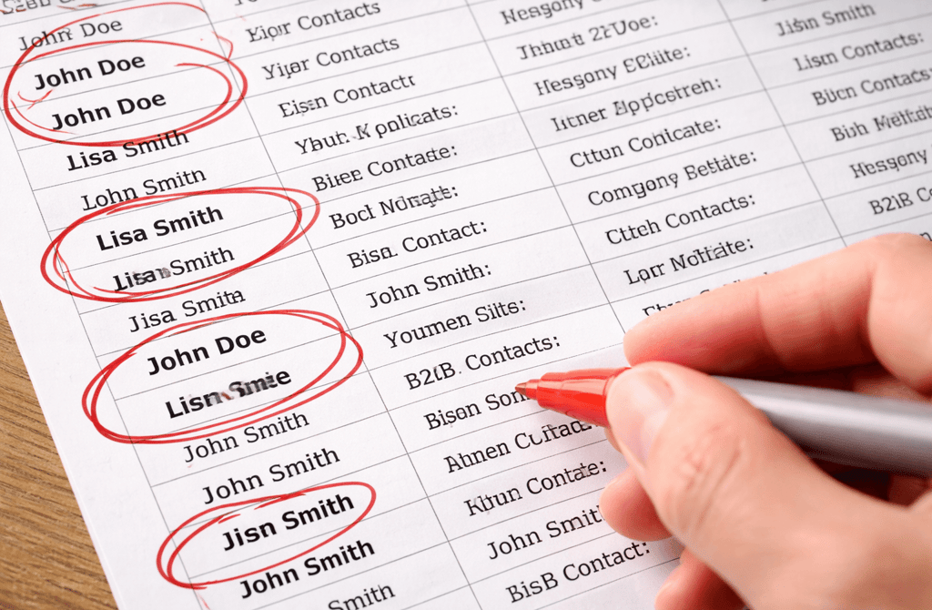 Duplicate B2B contacts circled in red on a printed spreadsheet