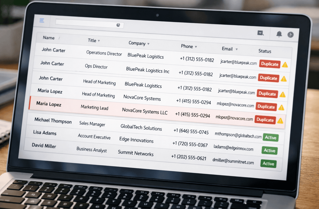 CRM dashboard showing duplicate contact entries flagged with warnings