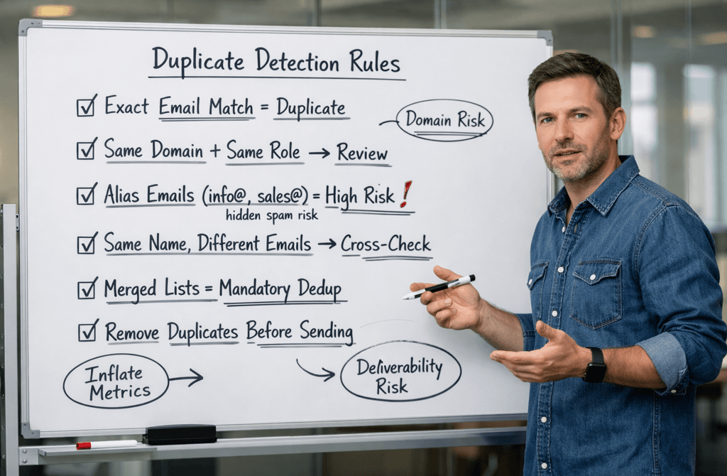 Founder explaining duplicate detection rules on a whiteboard