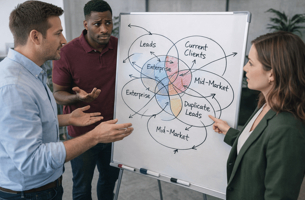 Team reviewing overlapping segmentation diagram on whiteboard