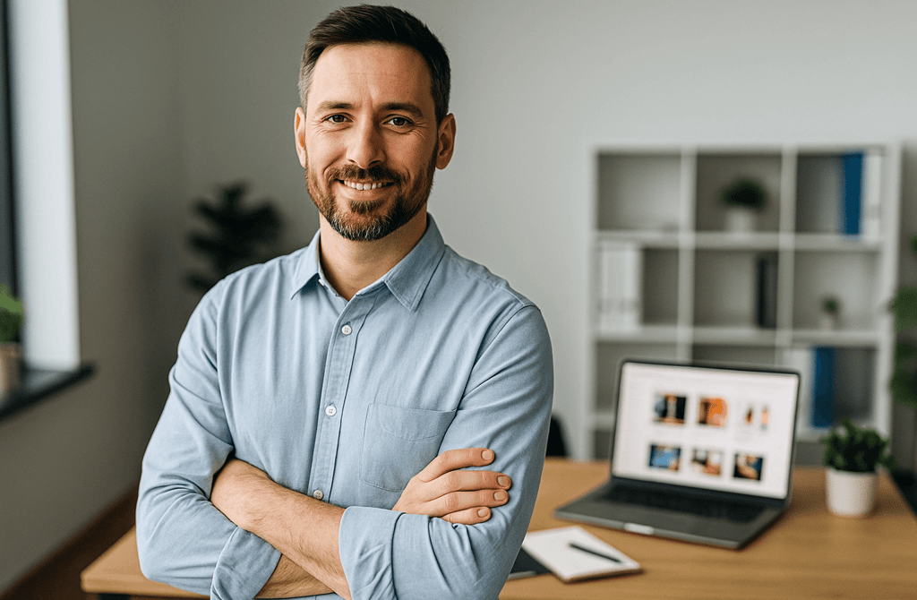 eCommerce founder standing in a modern office with a laptop on the desk.