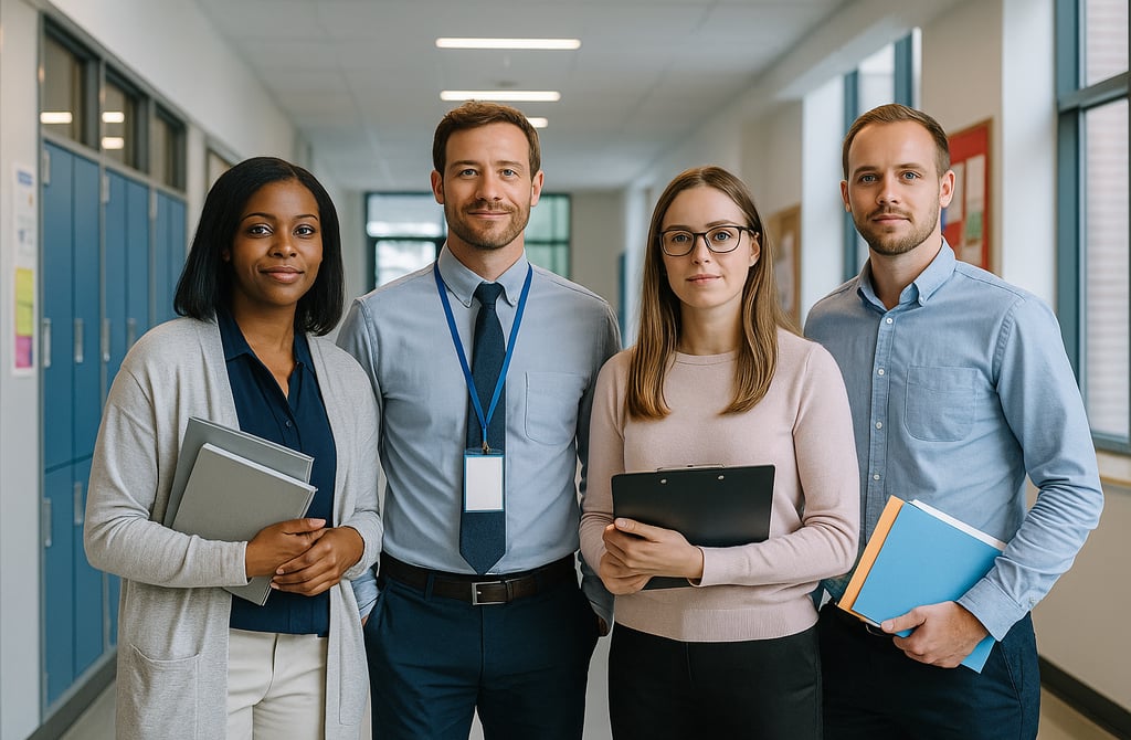 Educators standing in a school hallway representing fast-decaying education sector leads.