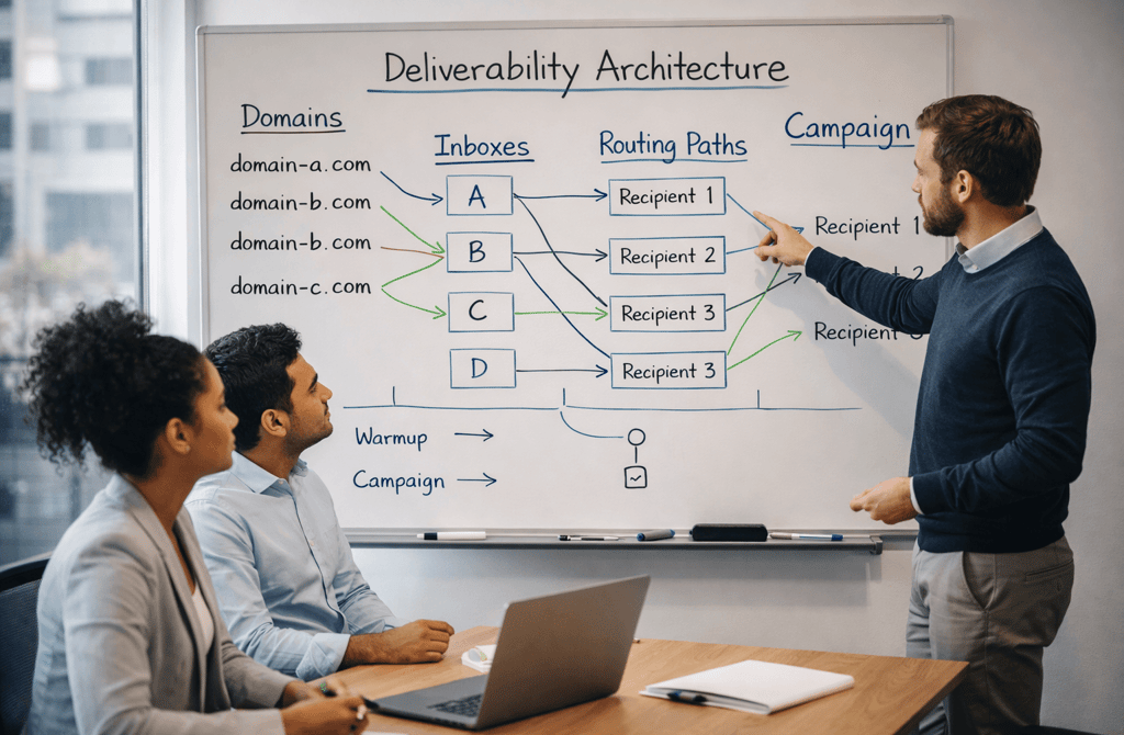 Team reviewing email routing architecture on whiteboard
