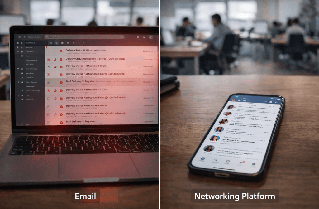 Email bounce risk compared to LinkedIn messaging on desk screens