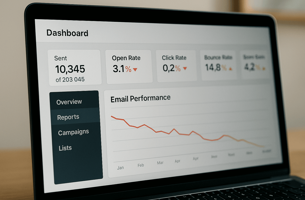 Laptop screen showing an email dashboard with low open rate, low click rate, and high bounce rate