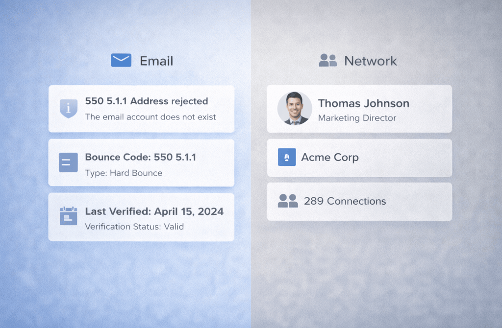 Split view showing email validation signals contrasted with professional network profile data