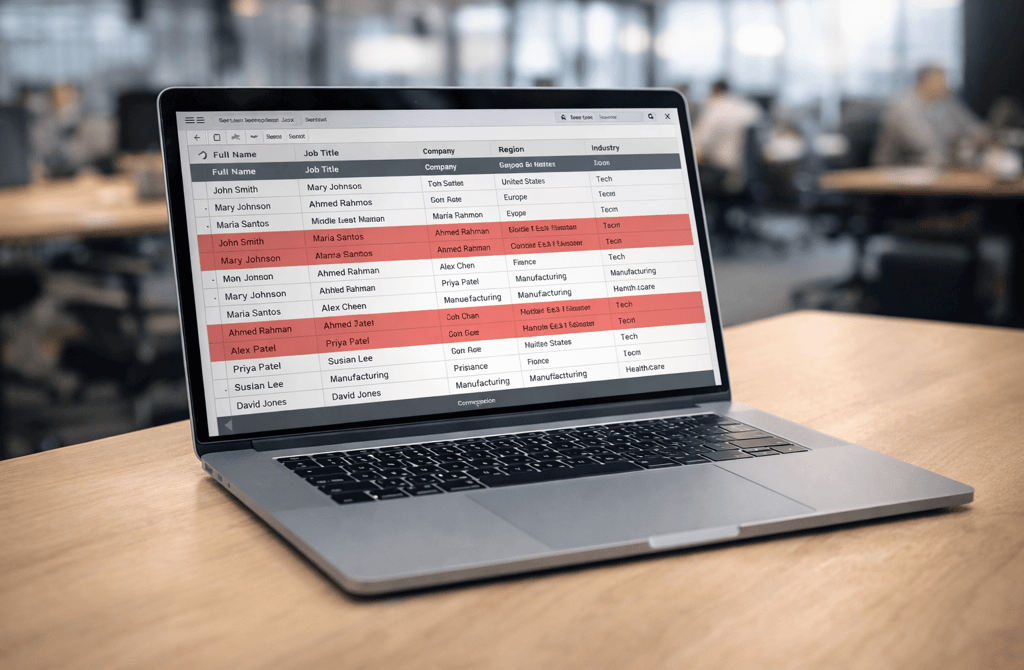 Laptop showing global lead list with red drifted records in a busy office