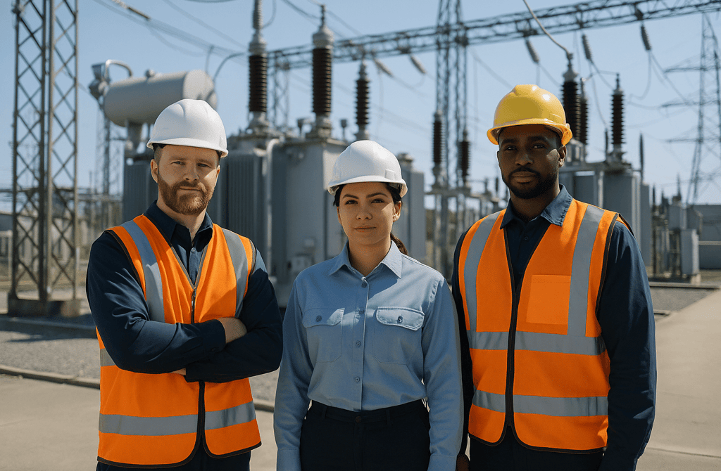 Energy and utilities workers standing at a power facility.