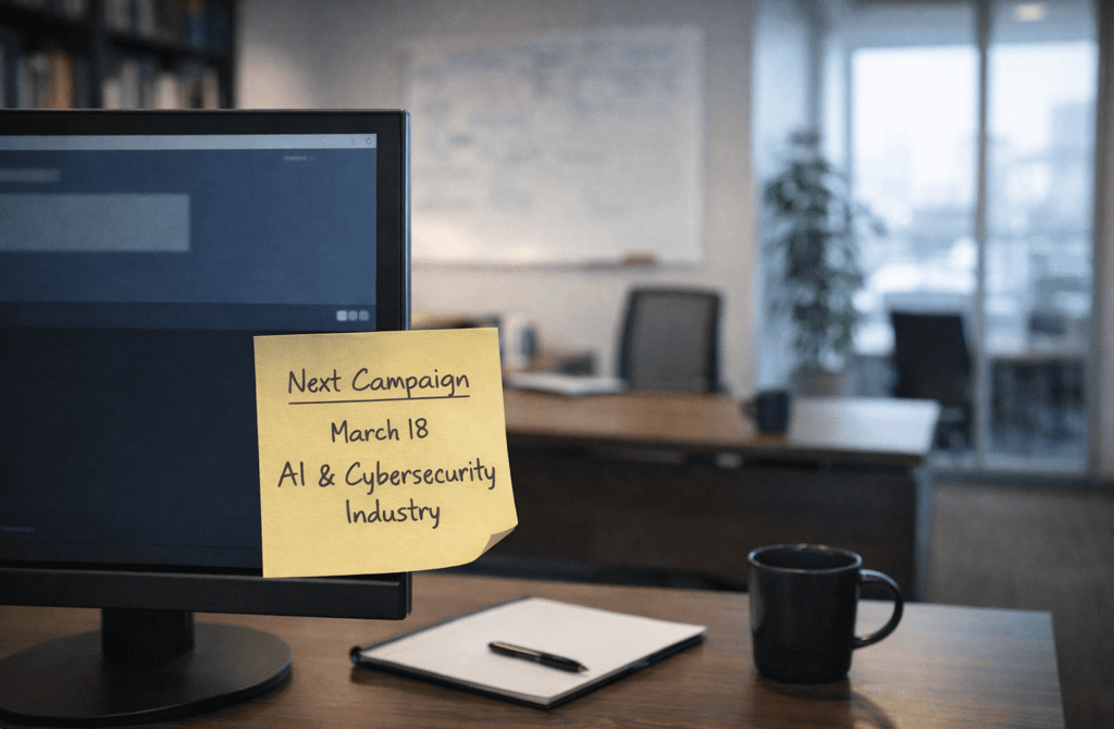 Sticky note on monitor showing next AI cybersecurity campaign date in founder office.