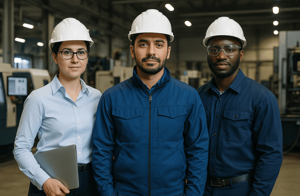 Engineering team wearing helmets inside a modern industrial facility.