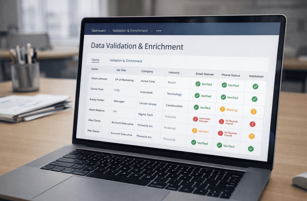 Laptop showing a data validation dashboard comparing enriched leads and basic lists.