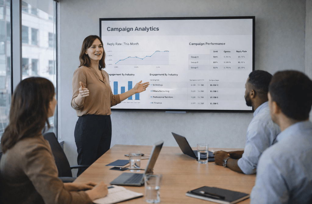 Woman presenting outbound campaign analytics in a meeting room