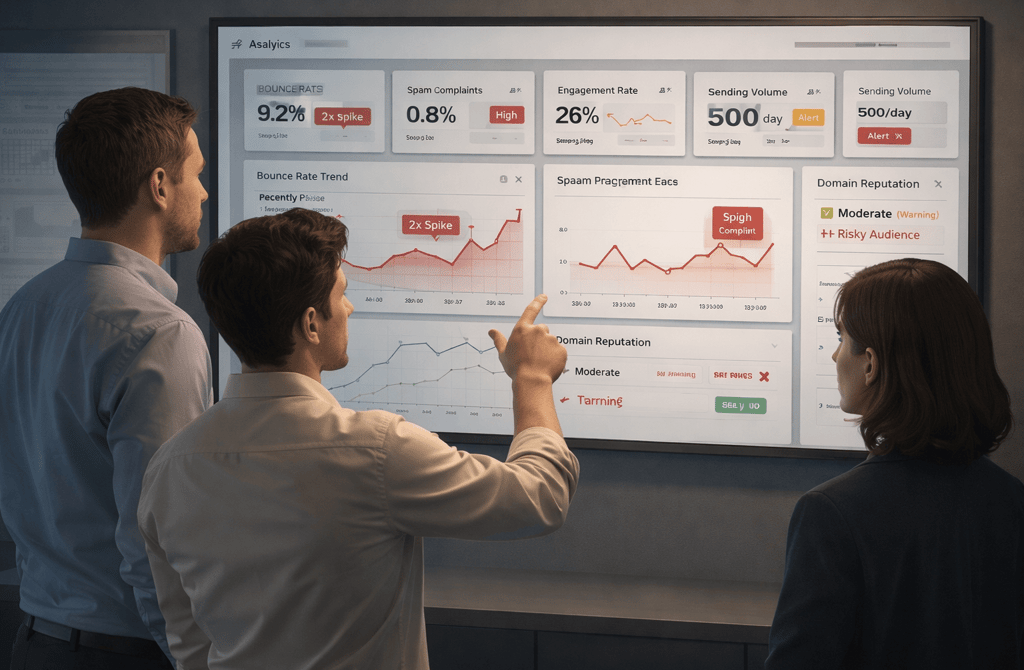 SDR team reviewing ESP risk signals and domain reputation dashboard